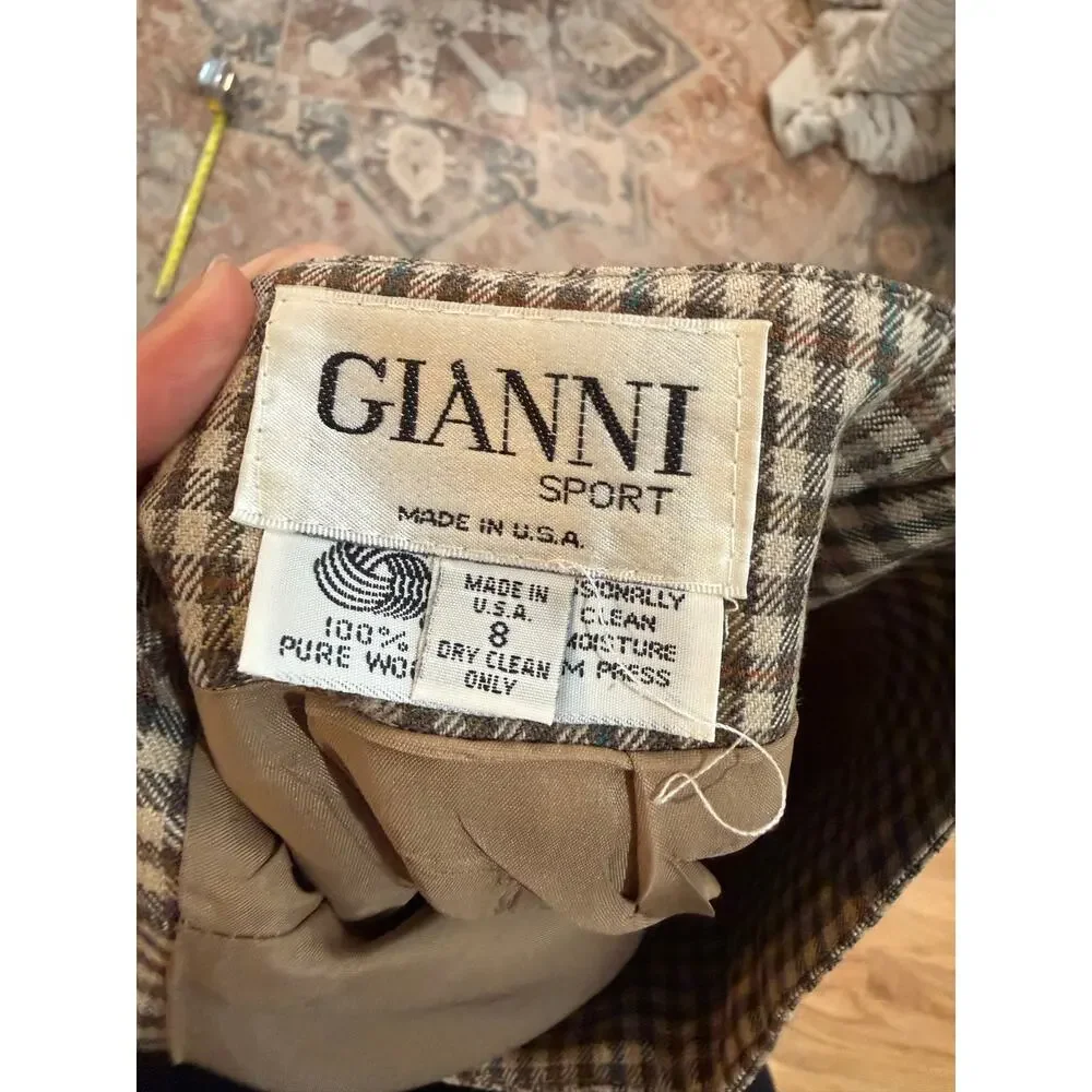 Gianni Sport Tan Multicolor Plaid Midi 100% Wool Pencil Skirt, Sz 8 - Picture 6 of 8
